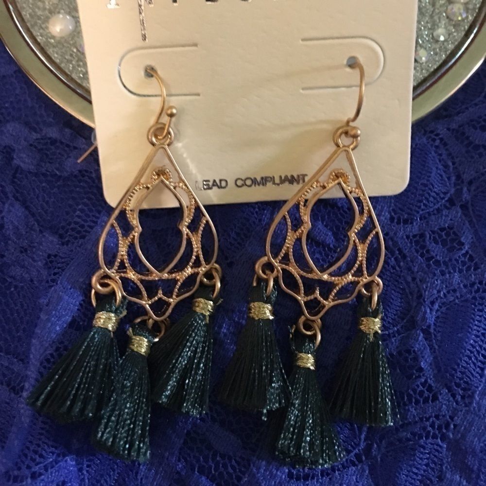 Chandelier Gold Scroll & 3 Green Tassel Earrings